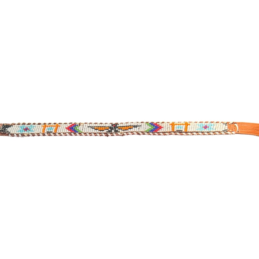 Vintage Southwestern XS Beaded Leather Belt Cognac Whipstitch Western Boho